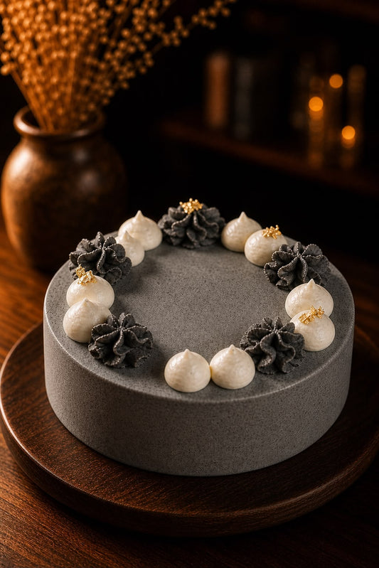 Black sesame white peach green tea mousse cake